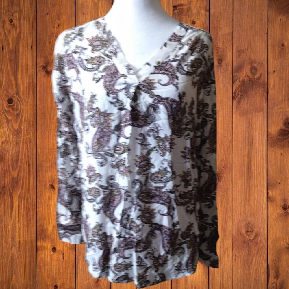 Brina & Em Paisley Roll Tab Long Sleeve Pullover Blouse V-Neck Size Large Office